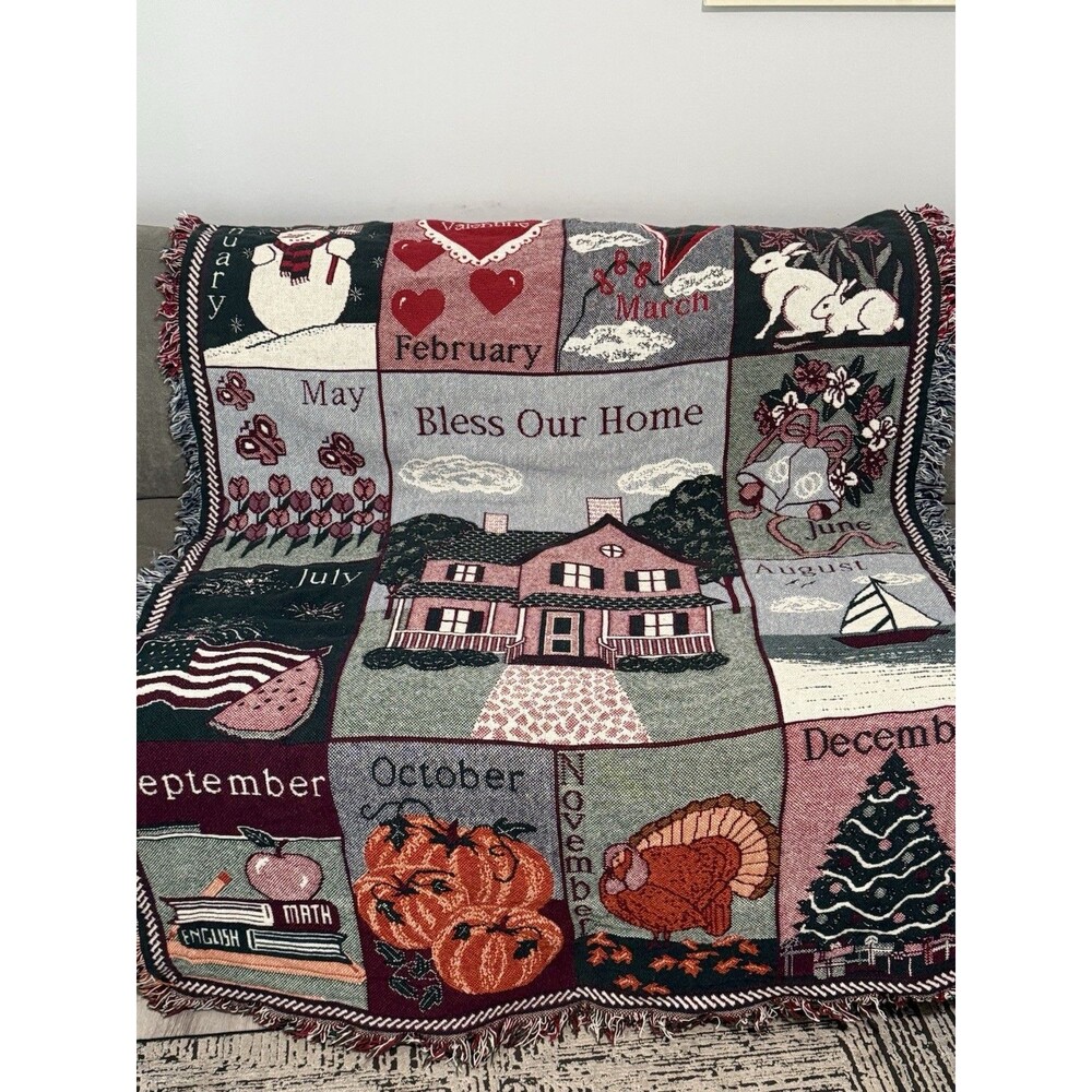Vntg Bless Our Home Cotton Calendar Months Tapestry Throw Blanket 65x46 Holiday